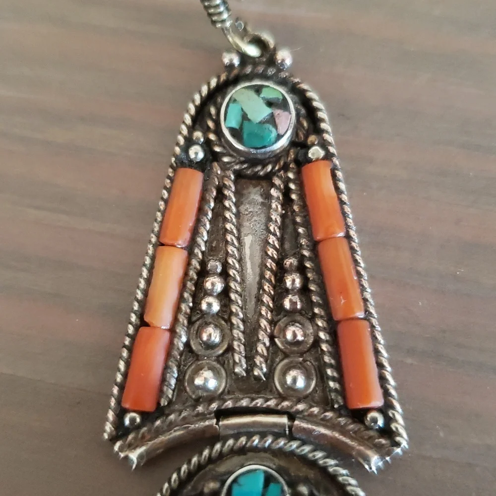 Vintage Turquoise and Coral Dangle Statement Tibethan Earrings